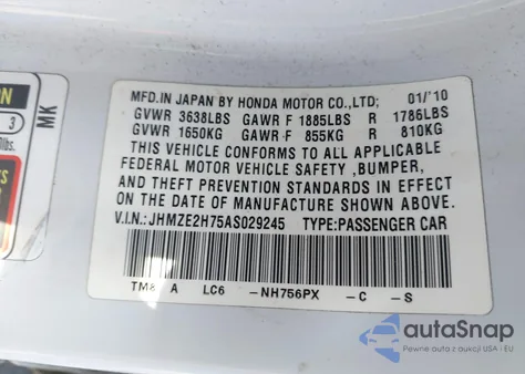 2010 Honda Insight Ex from USA, damaged, VIN JHMZE2H75AS029245